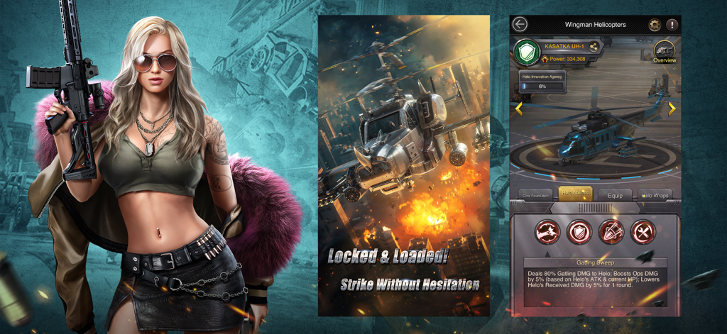 A collage showing a blonde female character holding a rifle, an attack helicopter in battle, and an in-game helicopter upgrade menu.