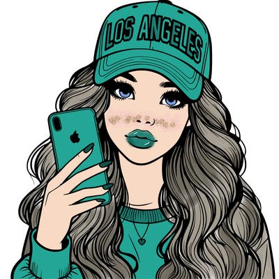 realistic beautiful girl wearing los ángeles cap holding an iphone
