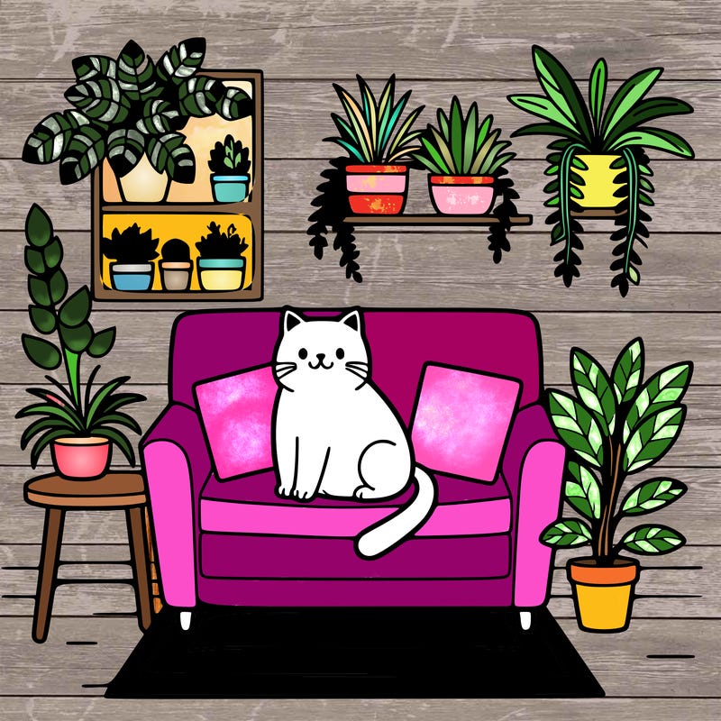 cat on a sofa in a room full of plants