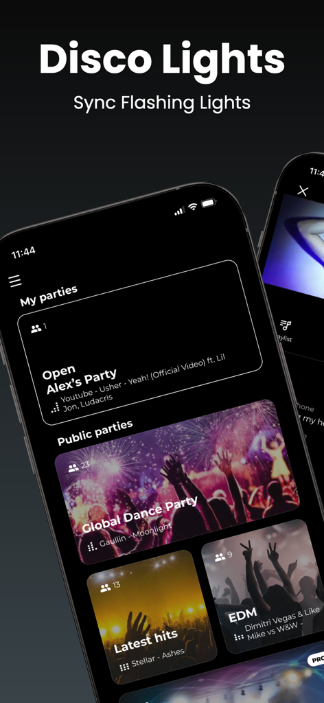 Strobe Light - Flash Beats - Flash Beats app interface showing synchronized disco lights and public party options