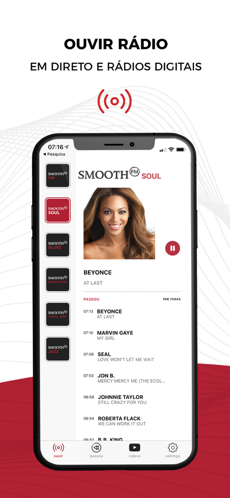 Smooth FM app interface displaying the Smooth Soul radio station playing Beyonce with a list of digital music channels