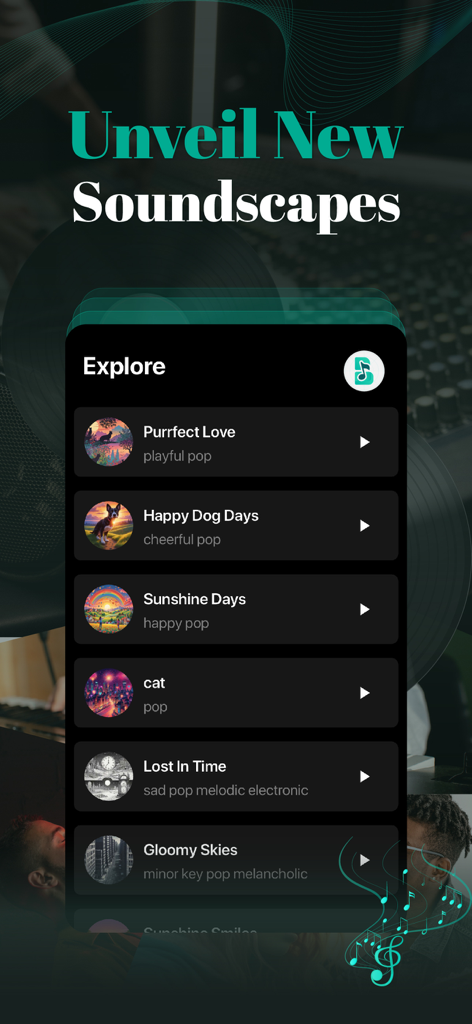 Brev AI Music & Song Generator - Brev AI music app interface showing the explore screen with a library of AI generated songs and tracks.