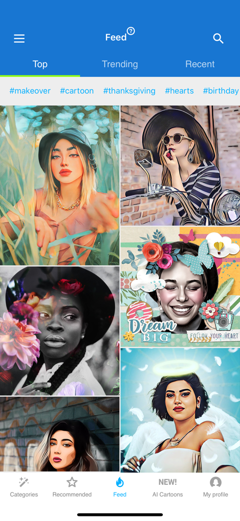 Mobile app interface of Photo Lab PROHD showing a feed of various artistic portrait filters and creative photo montages.