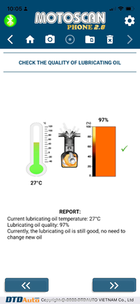 Motoscan Phone - Interface of Motoscan Phone app displaying engine oil quality and temperature analysis