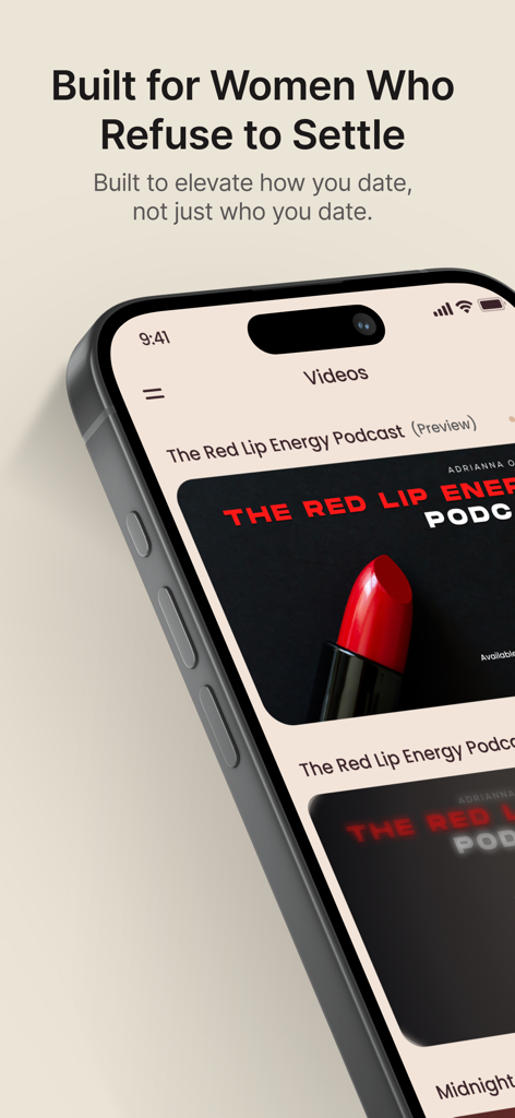 Adree - Adree mobile app interface showing The Red Lip Energy Podcast preview and dating coaching videos
