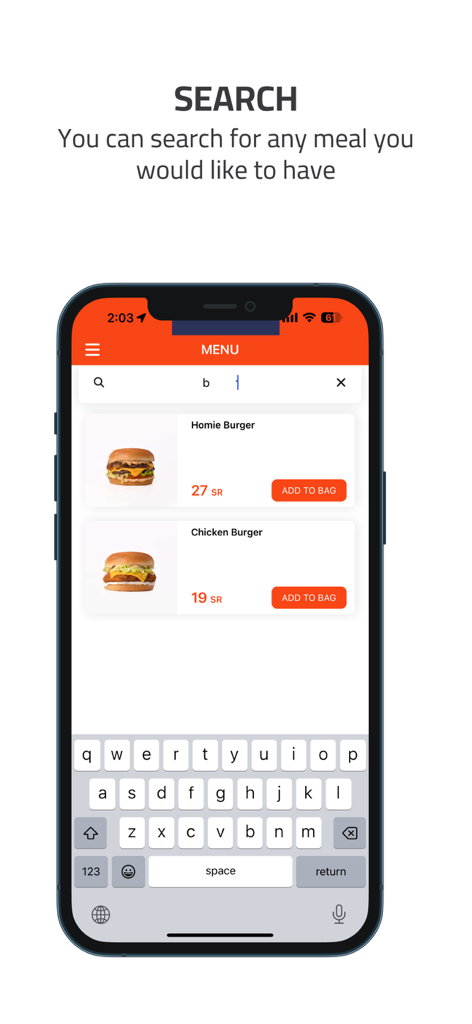 Take Me Home | TMH - Schermata di ricerca dell'app Take Me Home che mostra articoli del menu di hamburger