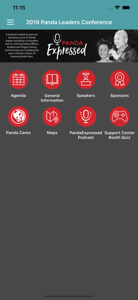 2019 Panda Leaders Conference - Home screen of the 2019 Panda Leaders Conference mobile app showing navigation icons for agenda, speakers, and maps