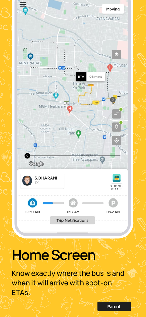 NeoTrack - School Bus Tracking - NeoTrack app home screen showing real-time school bus location on a map with an 8-minute ETA.