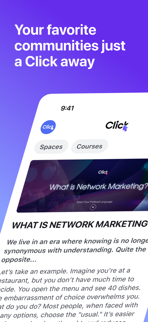 Click Academy - A screenshot of the Click Academy app showing a network marketing lesson and community navigation buttons for spaces and courses.