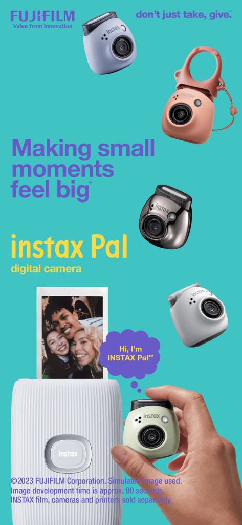 INSTAX Pal - A collection of colorful INSTAX Pal digital cameras including lavender, terracotta, silver, and pistachio models shown with an INSTAX printer.