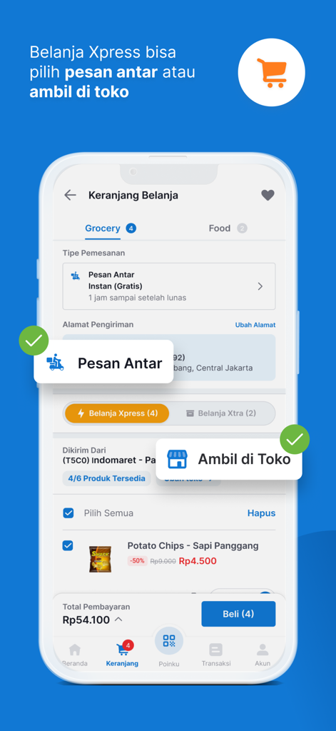 Klik Indomaret - Shopping cart in Klik Indomaret app showing delivery and store pickup choices for groceries