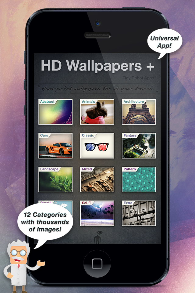 HD Wallpapers + for iPad Air, iPhone, iPod Touch and iPad Retina [Universal] - Interface of HD Wallpapers plus app showing various wallpaper categories like animals architecture and cars on an iPhone screen.