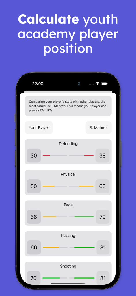 A screen showing a comparison between youth academy player stats and professional footballers to calculate the best position