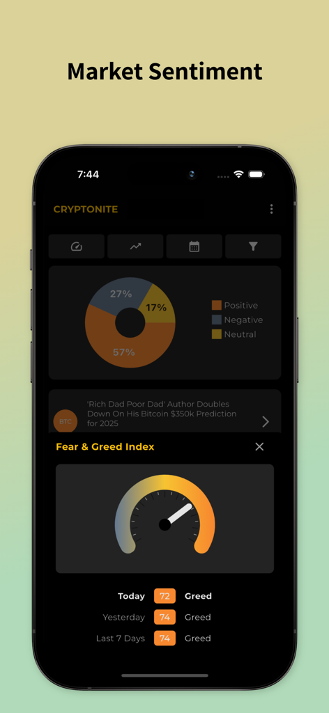 Cryptoniteアプリのインターフェース。市場センチメントの円グラフと暗号資産取引の恐怖と強欲指数が表示されています。