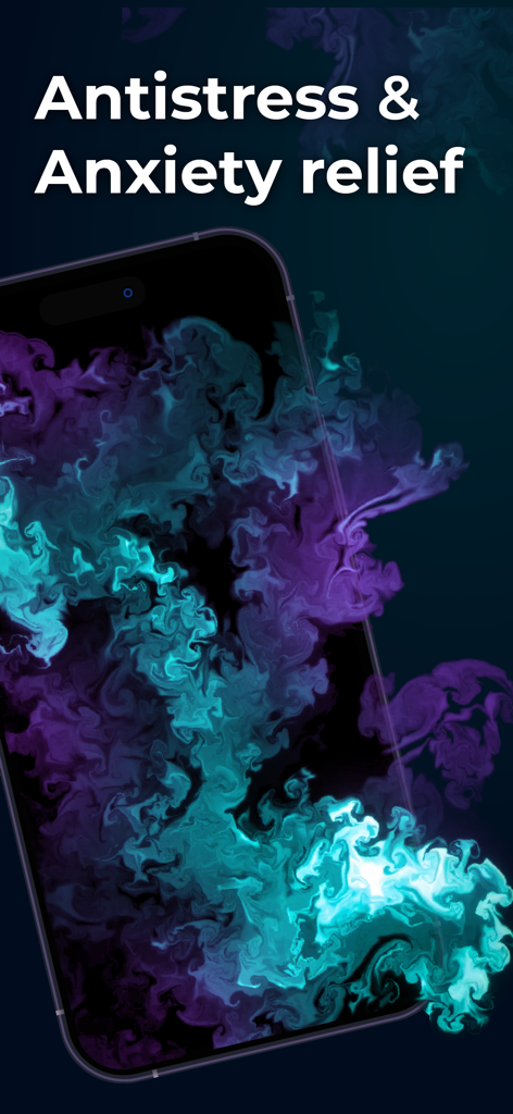 A smartphone screen displaying colorful fluid textures with the text antistress and anxiety relief