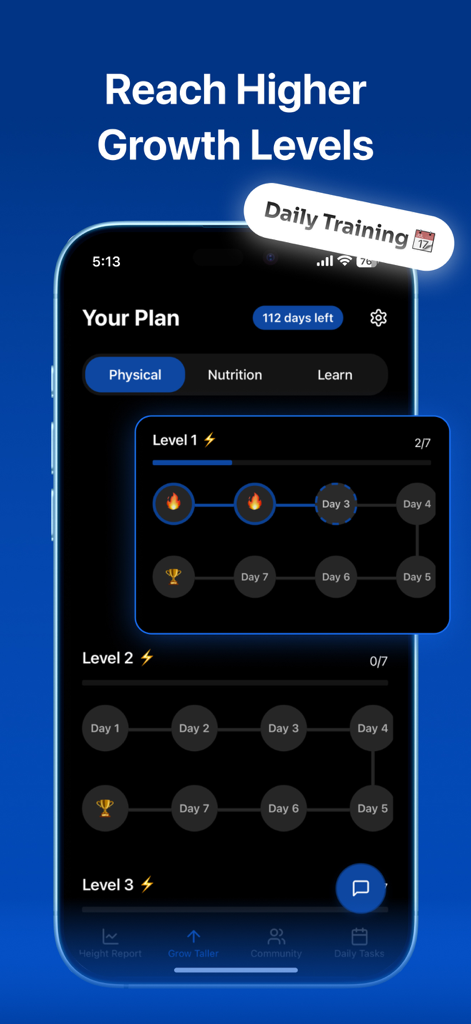 Taller AI app screen showing daily training levels and personalized growth plan