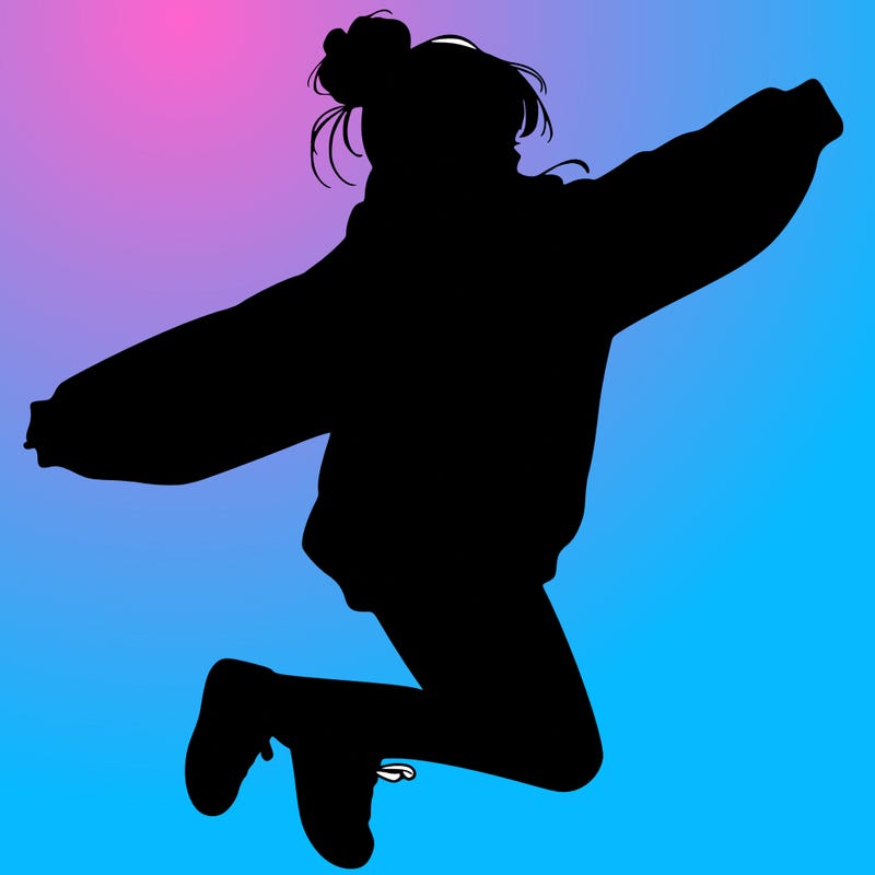 realistic girl jumping with a bun and oversized sweatshirt