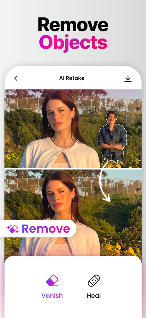 A before and after comparison showing the removal of a person from the background of a photo using Retake AI.