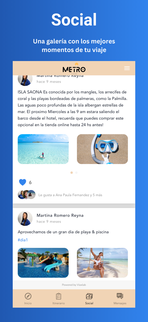 Une interface mobile montrant la galerie sociale Viaxlab où les voyageurs partagent des photos et des mises à jour de voyage.