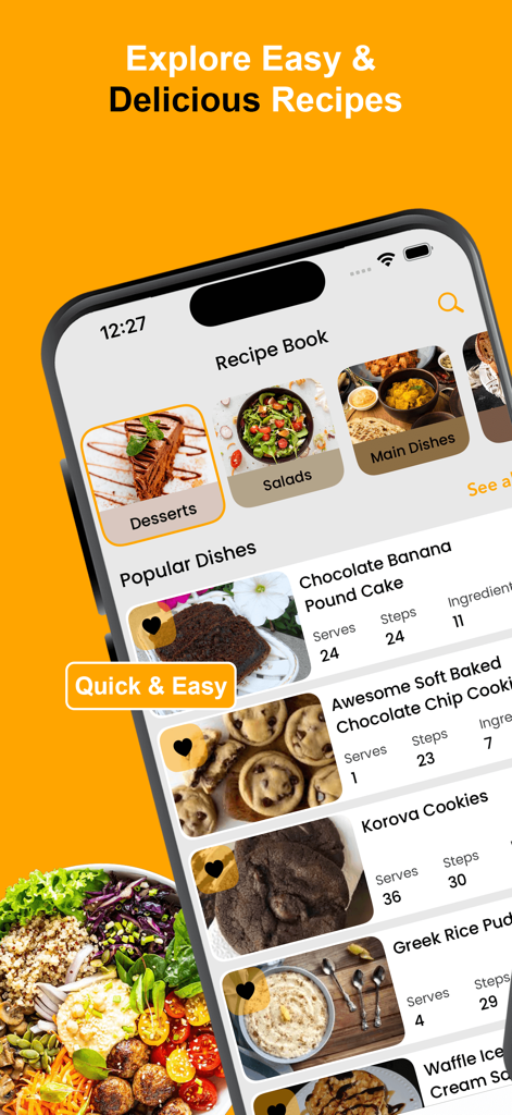 파운드 케이크와 초콜릿 칩 쿠키와 같은 인기 요리와 디저트 및 샐러드 카테고리를 보여주는 레시피 북 앱의 아이폰 디스플레이