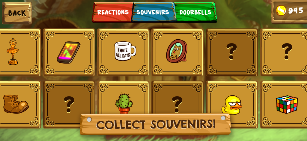 Do Not Disturb! Prank Games - A game menu displaying a grid of unlocked and locked souvenirs like a grumpy duck and a cactus
