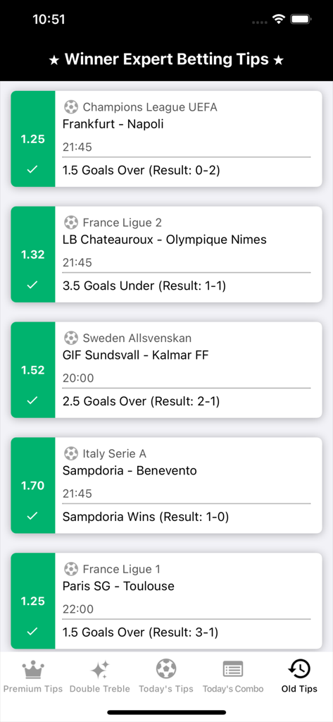 History of soccer betting tips and results in the Winner Expert app