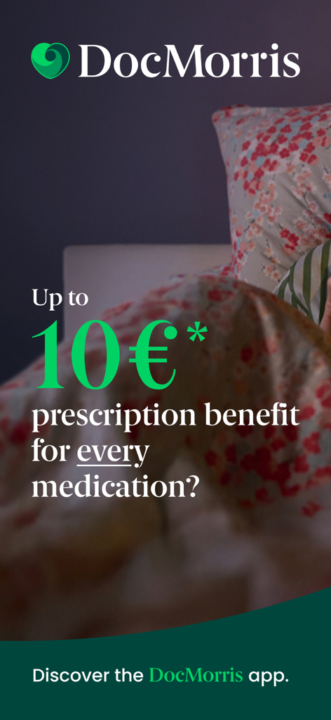 Promotional screen for the DocMorris app advertising a prescription benefit of up to 10 Euro for medications
