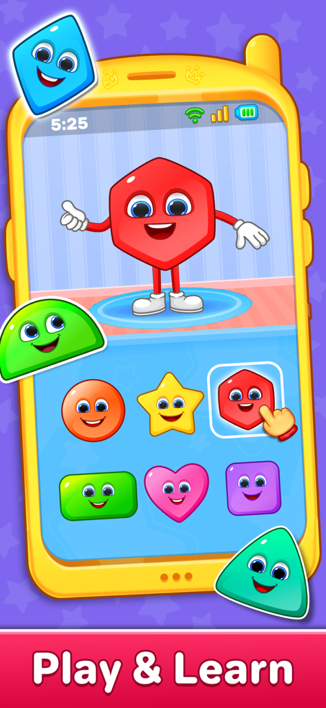 A toddler learning colorful shapes like hexagons and stars on a toy phone interface in the Baby Phone app.