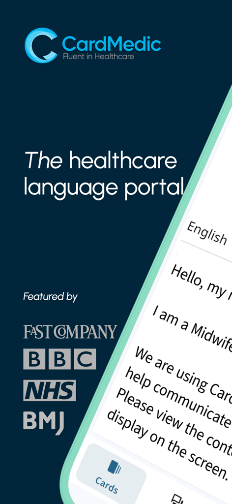 CardMedic - CardMedic app home screen displaying the tagline The healthcare language portal and medical communication cards.