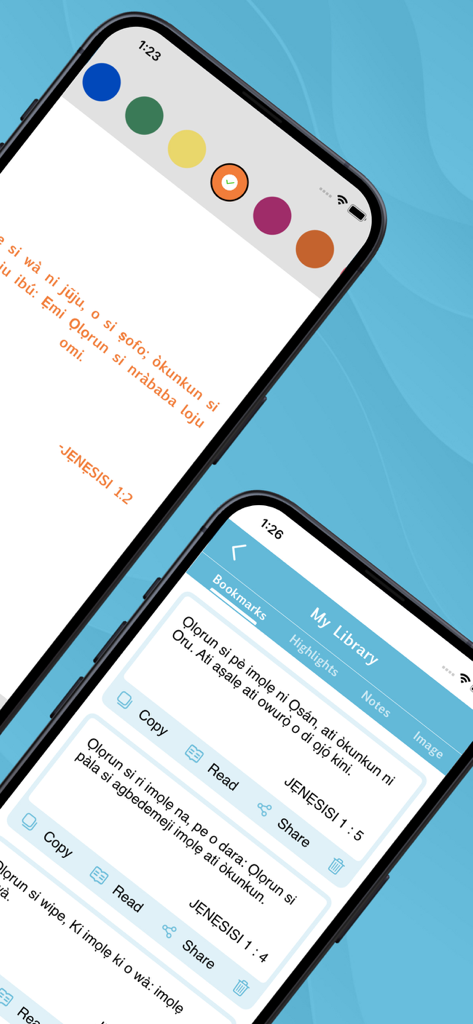 Interface of the Yoruba Bible app showing scripture highlighting and the library of bookmarked verses.