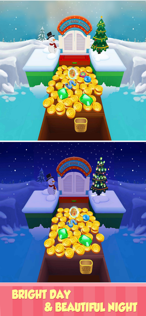 Split screen view of Coin Mania game featuring day and night winter themes with a coin pusher machine