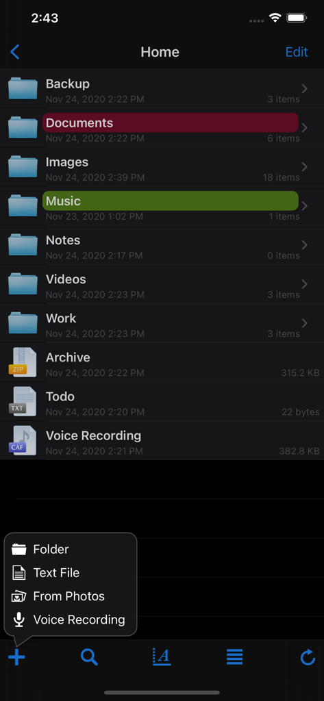 iFiles - Interfaccia dell'app mobile iFiles che mostra un elenco di cartelle organizzate e un menu di creazione file