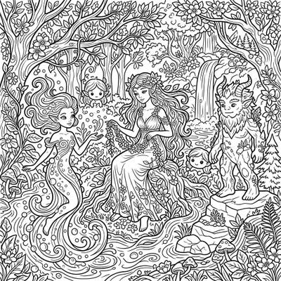 Unleash your creativity with this captivating coloring page featuring an array of enchanting nymphs and nature spirits. Explore a magical woodland scene, perfect for adults and teens seeking a serene escape.