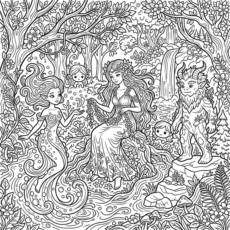 Unleash your creativity with this captivating coloring page featuring an array of enchanting nymphs and nature spirits. Explore a magical woodland scene, perfect for adults and teens seeking a serene escape.