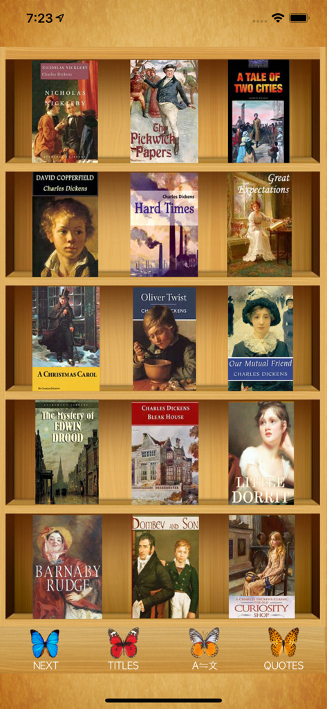 Dickens Books - A digital library screen showing covers of classic Charles Dickens novels on a wooden bookshelf