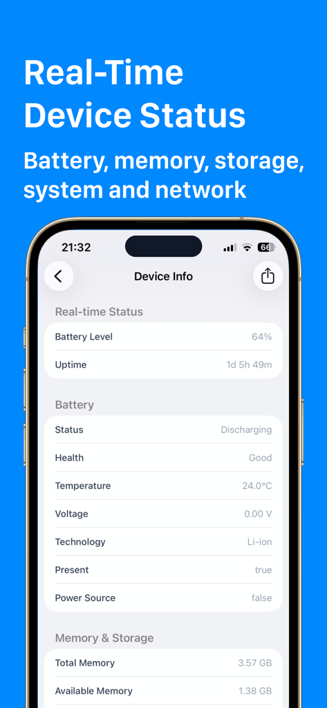 ADB Connect & Debugger for ATV - Android TVのバッテリー状態とメモリ使用量を示すリアルタイムデバイスステータスインターフェース。