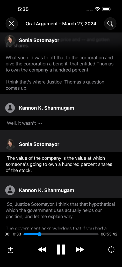 OYEZ - OYEZ app interface displaying a synchronized audio player and oral argument transcript from the US Supreme Court.