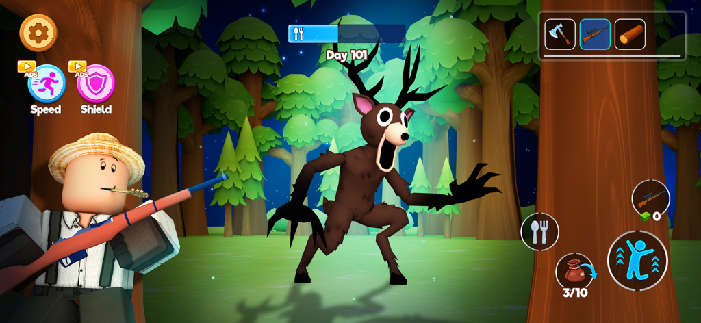 Survive in 999 Nights Forest - A blocky character aiming a rifle at a creepy bipedal deer monster in a haunted forest at night.