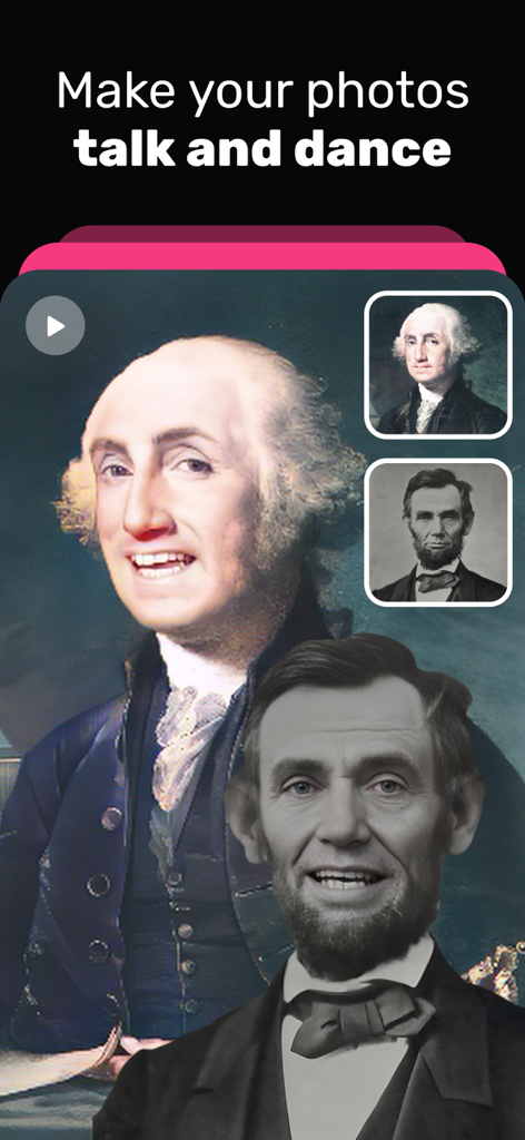 Retratos animados de George Washington y Abraham Lincoln usando la aplicación Mimic AI