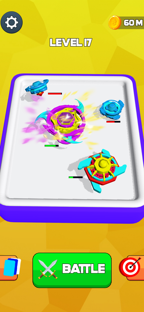 Spinner Merge Battle - A gameplay screen of Spinner Merge Battle showing multiple spinning blades on a square arena at level seventeen.