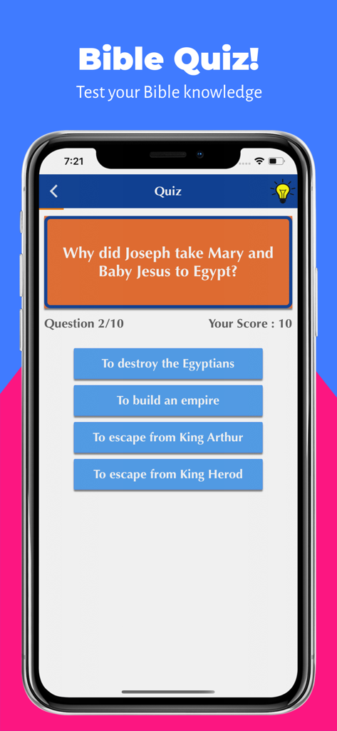 A screenshot of the Message Bible app displaying a Bible Quiz question with multiple choice answers on an iPhone screen.