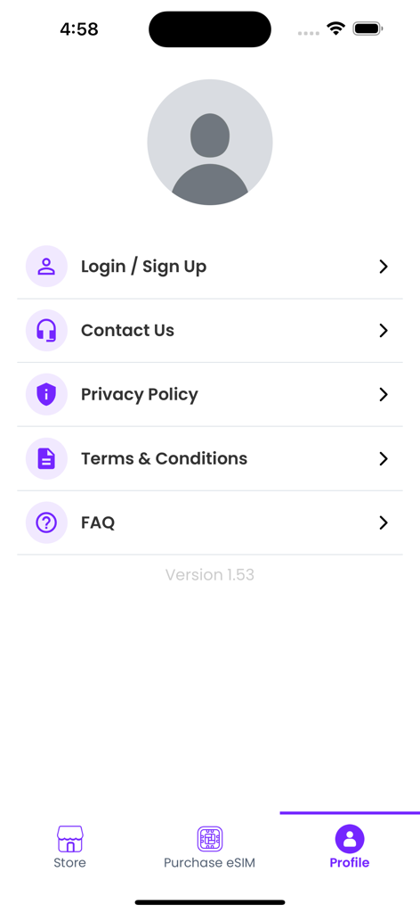 Kloud eSIM - Kloud eSIM app profile menu showing options for login, contact support, and privacy policy.