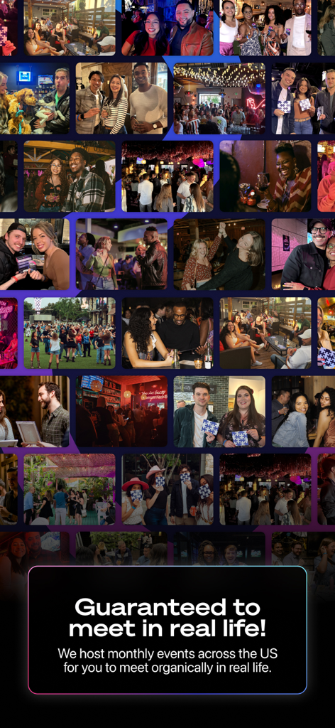 Collage de diversas personas socializando en eventos presenciales de Jigsaw Dating con la garantía de conocerse en la vida real.