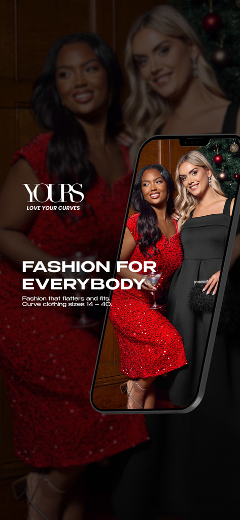 Pantalla promocional de la app Yours Clothing con dos modelos con vestidos curvy festivos