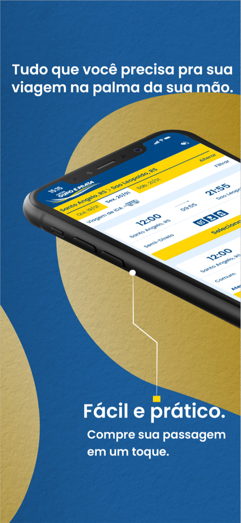 Interface de l'application Ouro e Prata montrant les horaires de bus sur un smartphone.
