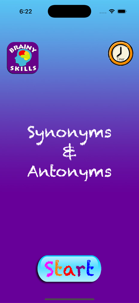 Start screen of the Brainy Skills Synonyms and Antonyms educational app featuring a start button and timer icon