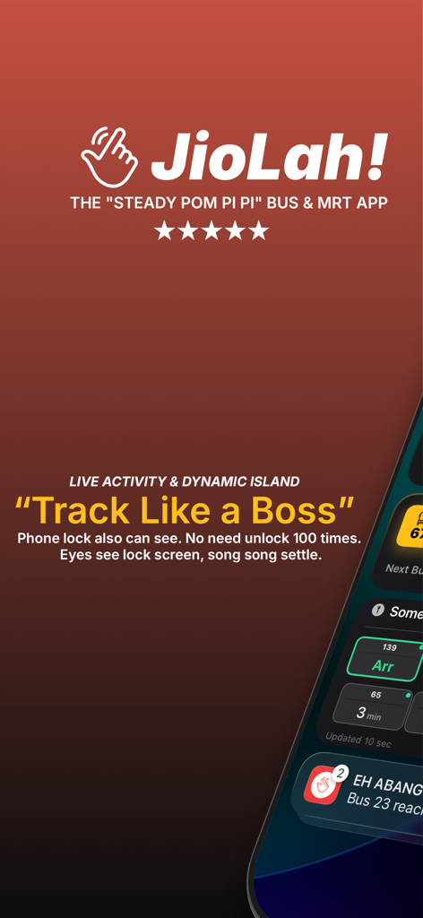 JioLah! SG Bus & Trains - JioLah app interface featuring live activity and dynamic island for bus tracking in Singapore.