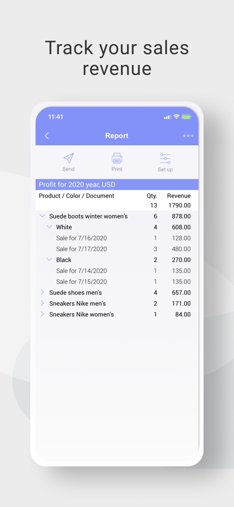 BOSS Small Business Accounting - Uma tela móvel do aplicativo de contabilidade BOSS mostrando um relatório detalhado de lucros e receitas de vendas para vários produtos