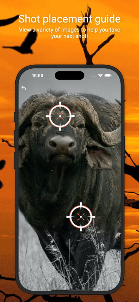 International Hunters - Shot placement guide for a Cape Buffalo showing target areas in the International Hunters mobile app