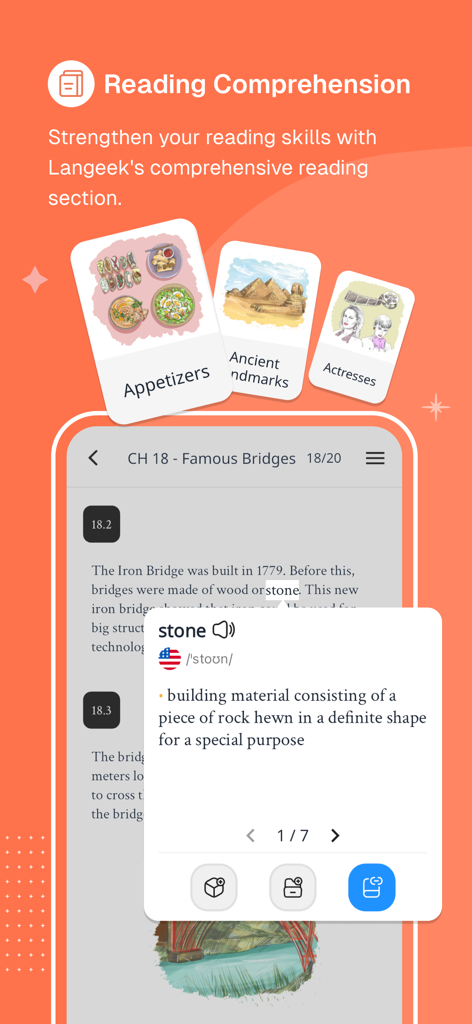 LanGeek |  Learn English - LanGeek reading comprehension screen showing a text lesson and a word definition popup for vocabulary building